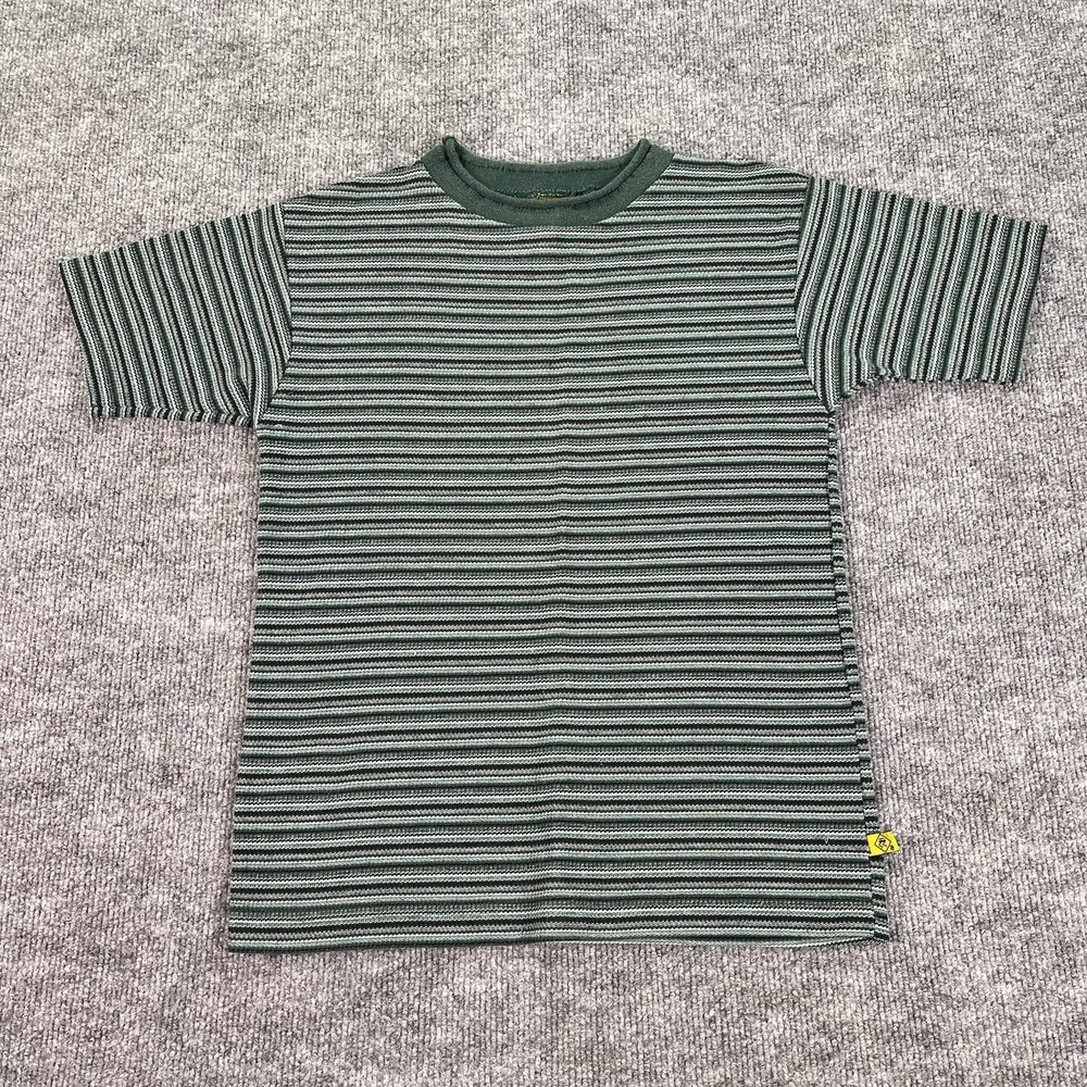 Vintage 90s Skidz T Shirt Youth Medium Green‎ Striped Knit Surfwear Skater USA